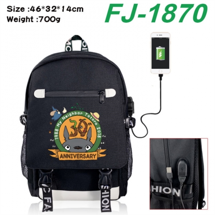 TOTORO canvas USB backpack cartoon print student backpack 46X32X14CM 700g 