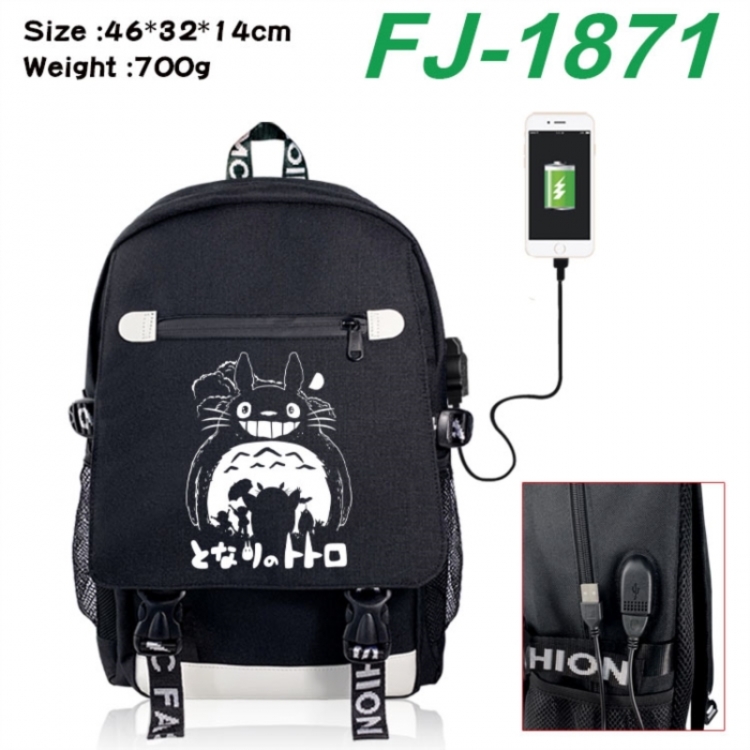 TOTORO canvas USB backpack cartoon print student backpack 46X32X14CM 700g 