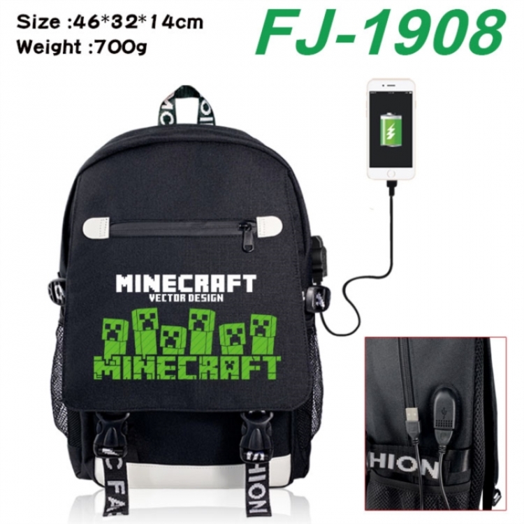 Minecraft canvas USB backpack cartoon print student backpack 46X32X14CM 700g 