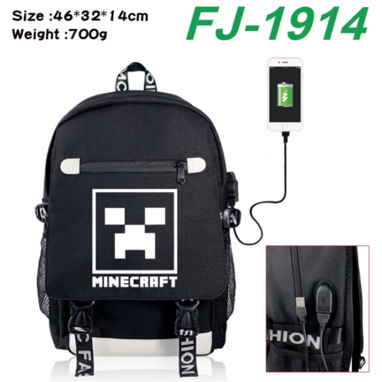 Minecraft canvas USB backpack cartoon print student backpack 46X32X14CM 700g 