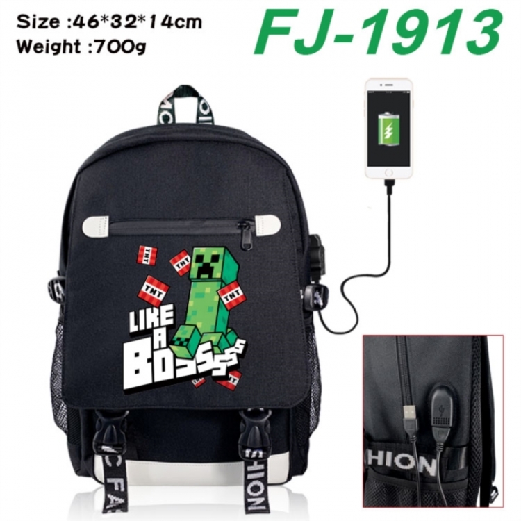 Minecraft canvas USB backpack cartoon print student backpack 46X32X14CM 700g 