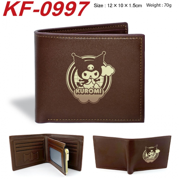 Sanrio Anime peripheral black brown leather double fold wallet 12X10X1.5CM 70g