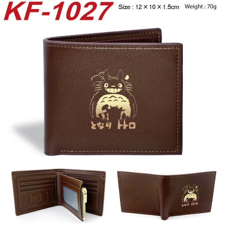 TOTORO Anime peripheral black brown leather double fold wallet 12X10X1.5CM 70g