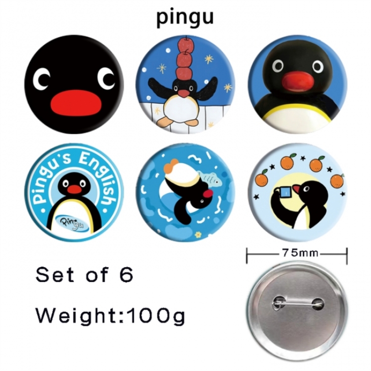 Pingu Anime Tinplate Bright Film Emblem Badge 75mm a set of 6
