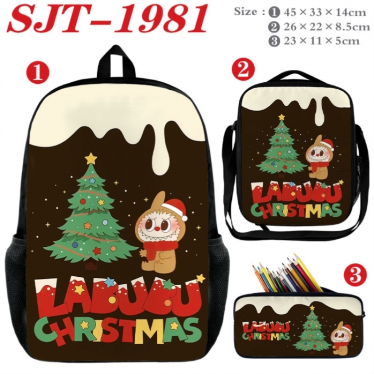 Labubu Anime nylon canvas backpack pencil case crossbody bag three piece set 45x33x14cm