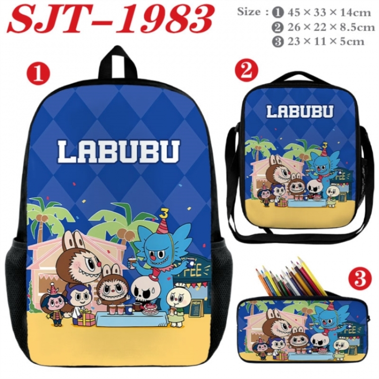 Labubu Anime nylon canvas backpack pencil case crossbody bag three piece set 45x33x14cm