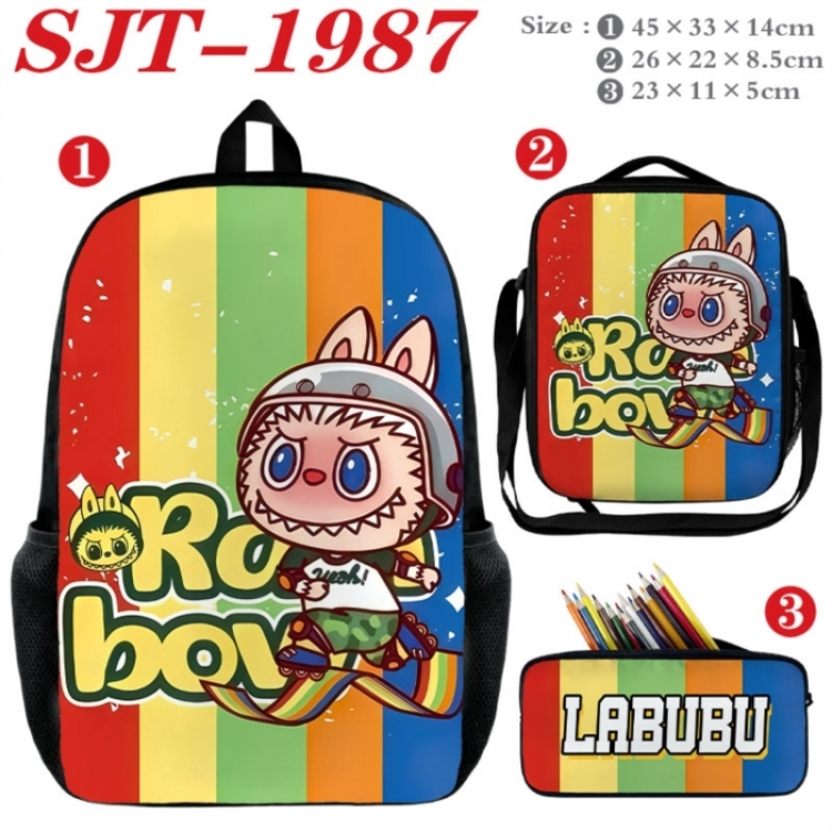 Labubu Anime nylon canvas backpack pencil case crossbody bag three piece set 45x33x14cm