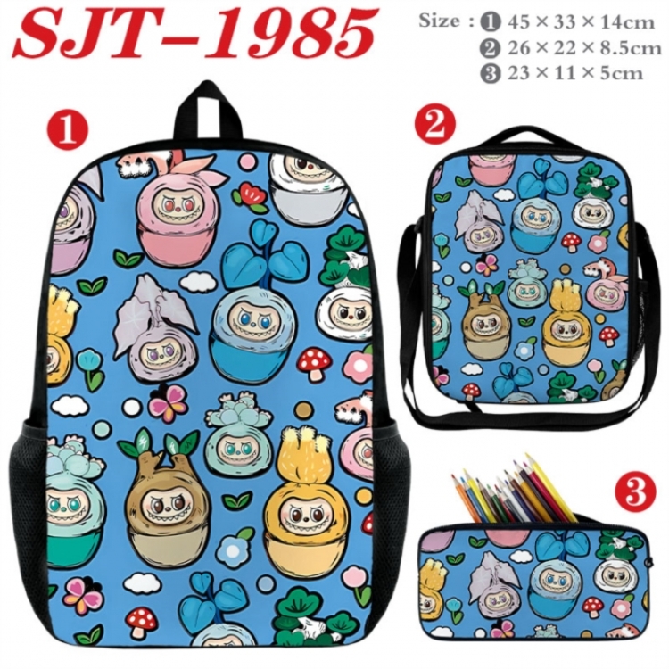 Labubu Anime nylon canvas backpack pencil case crossbody bag three piece set 45x33x14cm