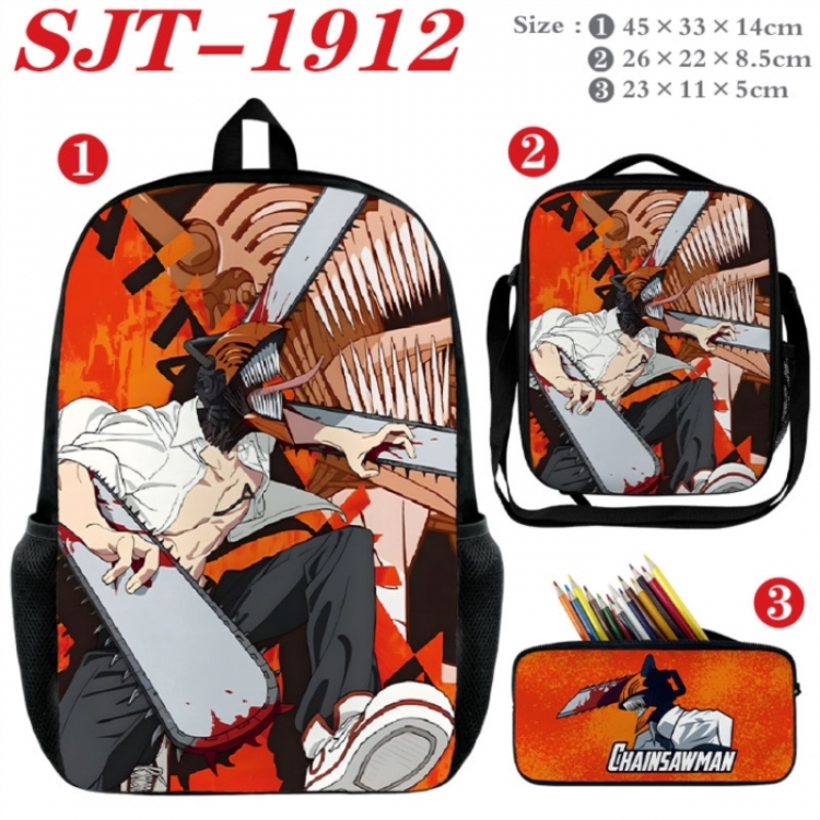 Chainsaw Man Anime nylon canvas backpack pencil case crossbody bag three piece set 45x33x14cm