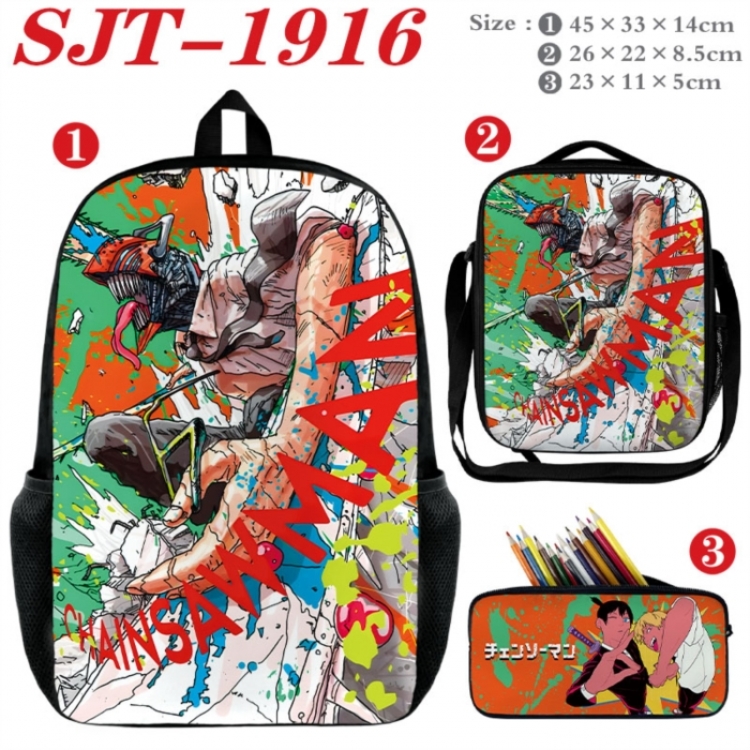 Chainsaw Man Anime nylon canvas backpack pencil case crossbody bag three piece set 45x33x14cm