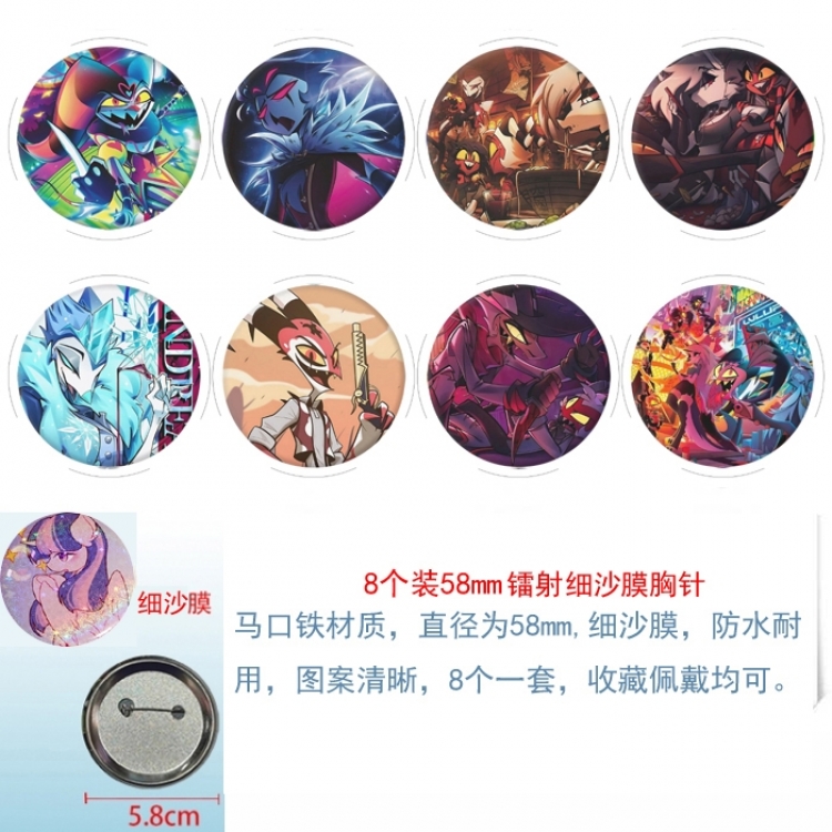 Hazbin Hotel Anime Circular laser fine sand film brooch badge 58MM a set of 8